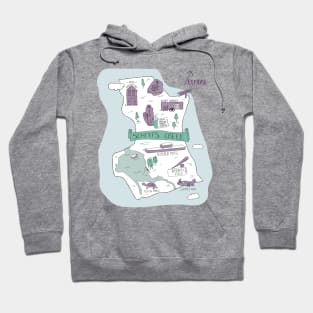 The Town of Schitt's Creek, hand drawn map of all of the town landmarks in purples, blues and minty greens. Hoodie